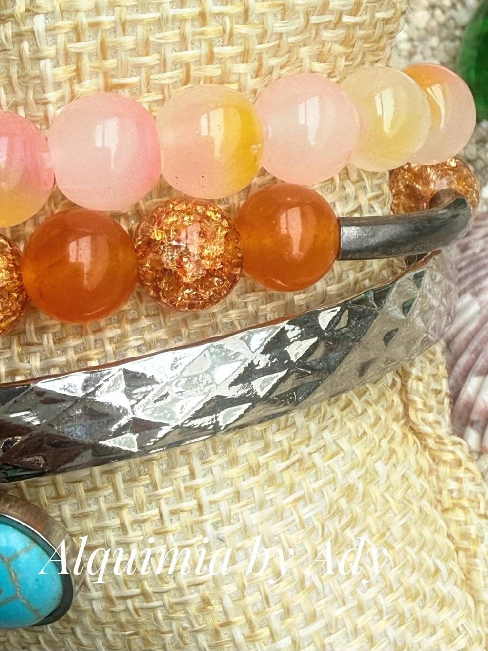 QUARTZ AND JADE Orange Agate Bead Bracelet with Silver turquoise stud set